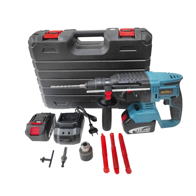 Ciocan rotopercutor cu 2 acumulatori , Mustang , 21 V , 4 AH , 1.9 J , 1150 RPM , 2 Mandrine