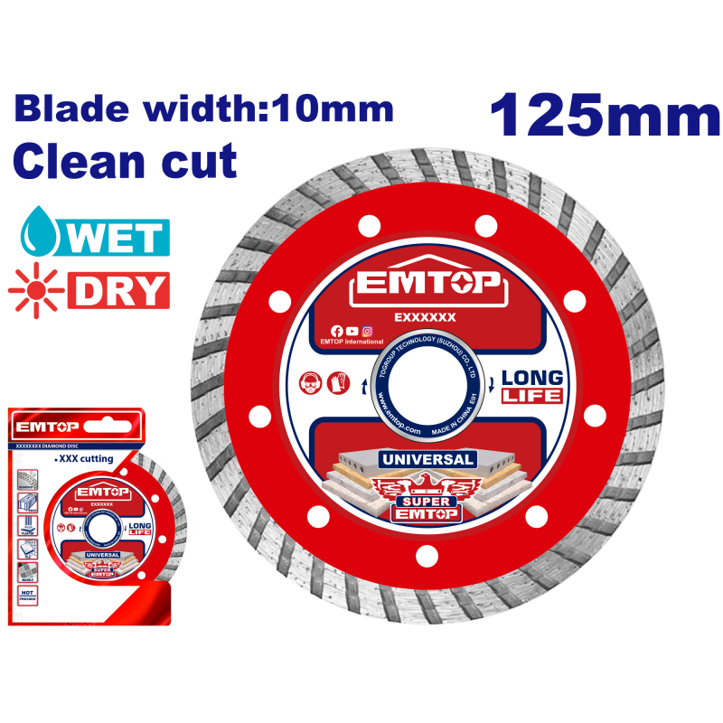 Disc Turbo diamantat 125mm, taiere umeda si uscata pentru caramida, beton si piatra, lama 10 mm - EDDC031252, EMTOP