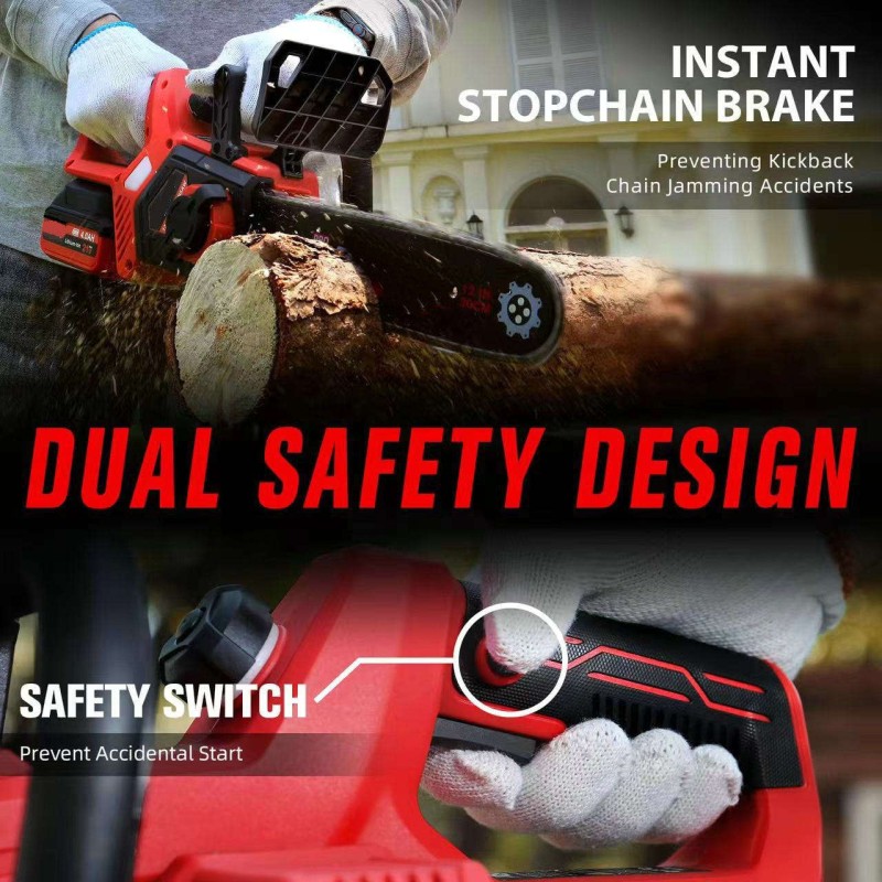 Drujba  mini fierastrau cu acumulator DDT-CRISTAL, 21V, 4A, Indicator procentaj baterie, sistem de ungere automat, Lama+Lant 12  Geanta transport, Rosu-Negru