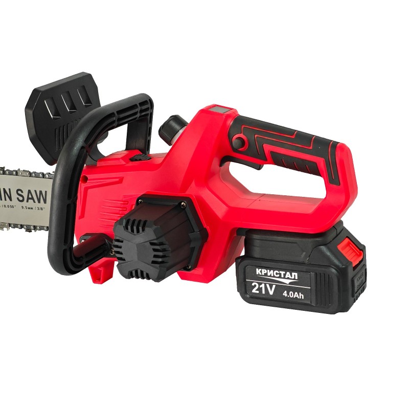 Drujba  mini fierastrau cu acumulator DDT-CRISTAL, 21V, 4A, Indicator procentaj baterie, sistem de ungere automat, Lama+Lant 12  Geanta transport, Rosu-Negru