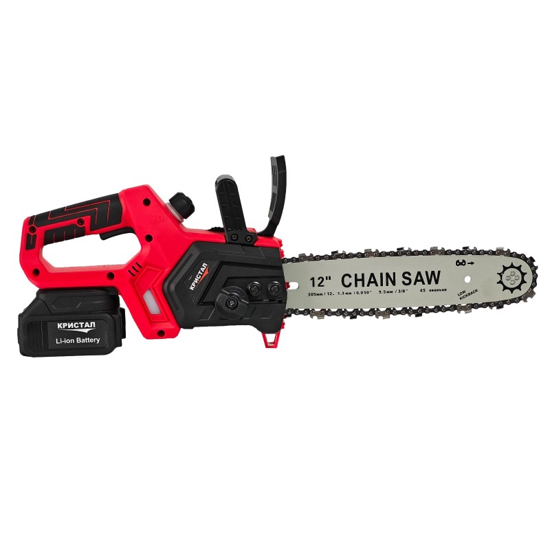 Drujba  mini fierastrau cu acumulator DDT-CRISTAL, 21V, 4A, Indicator procentaj baterie, sistem de ungere automat, Lama+Lant 12  Geanta transport, Rosu-Negru