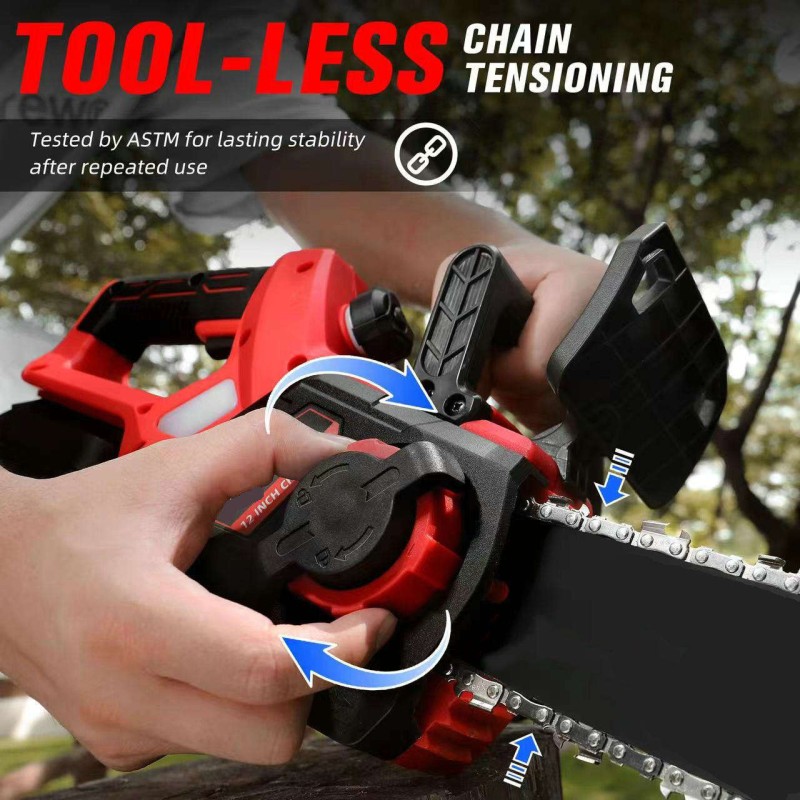 Drujba  mini fierastrau cu acumulator DDT-CRISTAL, 21V, 4A, Indicator procentaj baterie, sistem de ungere automat, Lama+Lant 12  Geanta transport, Rosu-Negru