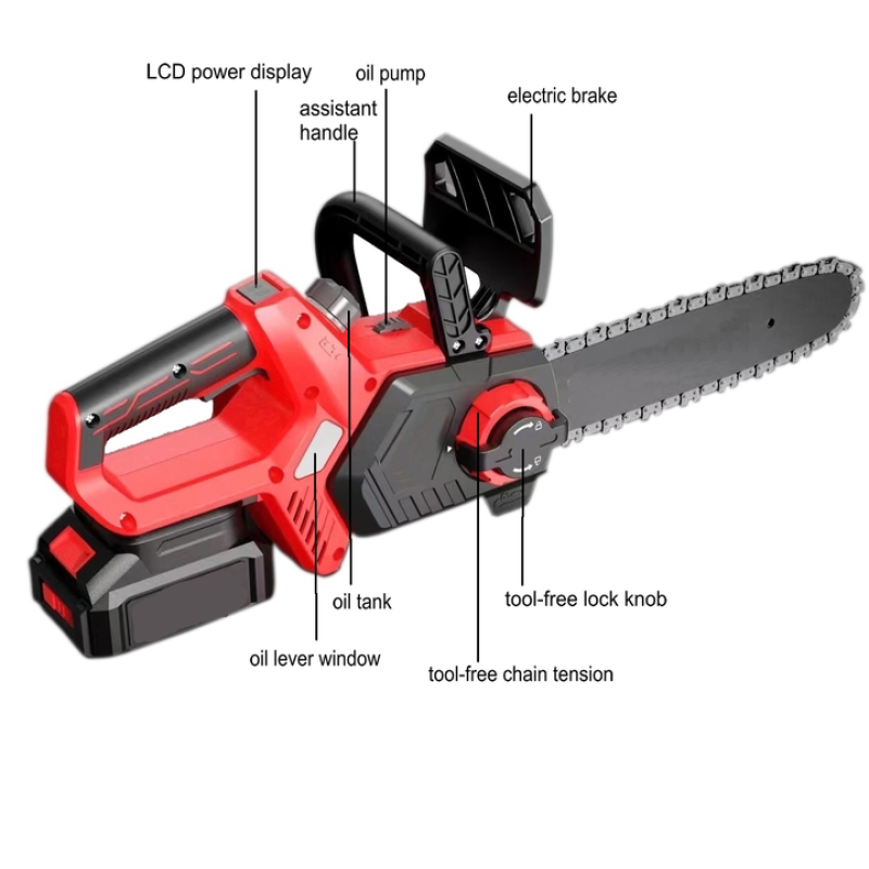Drujba  mini fierastrau cu acumulator DDT-CRISTAL, 21V, 4A, Indicator procentaj baterie, sistem de ungere automat, Lama+Lant 12  Geanta transport, Rosu-Negru