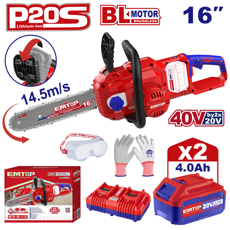 Fierastrau Drujba cu lant cu 2 baterii 4.0AH, motor fara perii (brushless), 40cm - ELGA401682, EMTOP