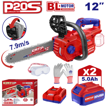 Fierastrau Drujba cu lant cu 2 acumulatori 5.0Ah, motor fara perii (brushless), 30cm - ELGA201286, EMTOP