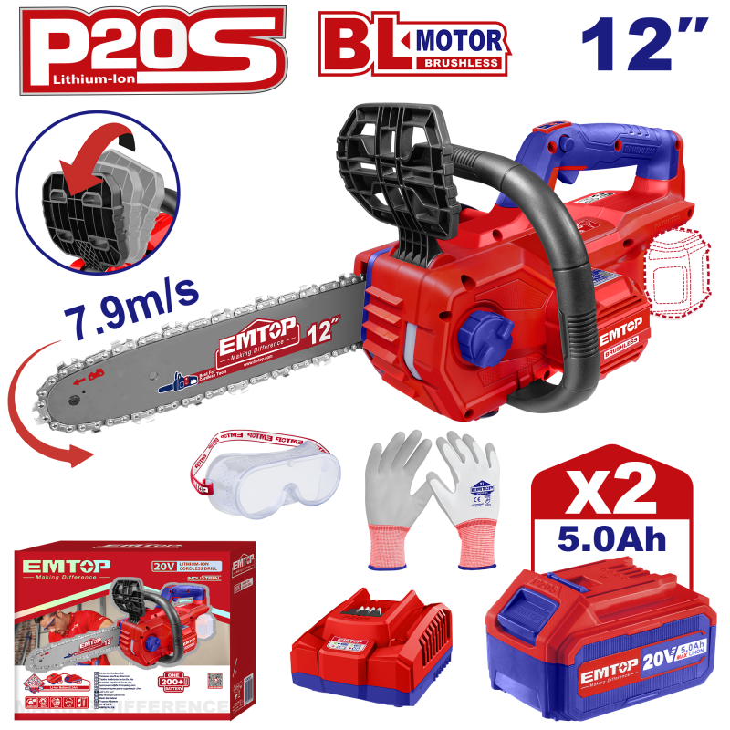 Fierastrau Drujba cu lant cu 2 acumulatori 5.0Ah, motor fara perii (brushless), 30cm - ELGA201286, EMTOP