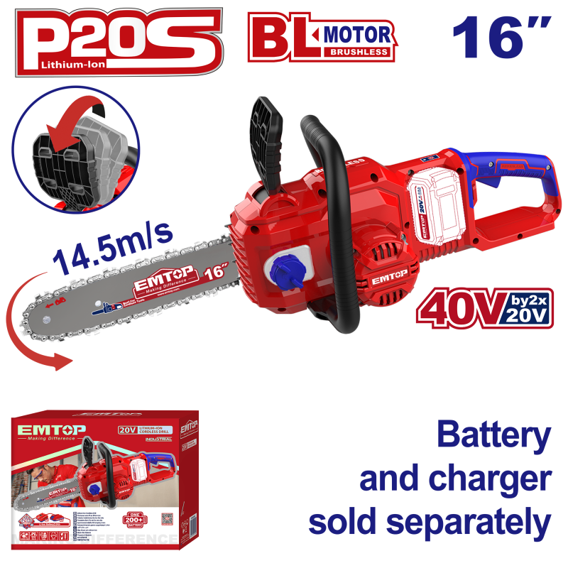 Fierastrau Drujba cu lant fara acumulator si incarcator, motor fara perii (brushless), lant 40cm - ELGA40168, EMTOP