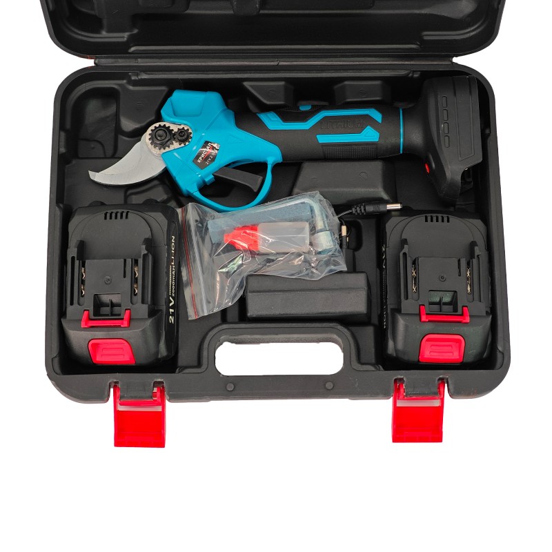 Foarfeca electrica pentru vita de vie, crengi, DDT-CRISTAL cu 2 Acumulatori 21 V, 2000 mAh, Albastru