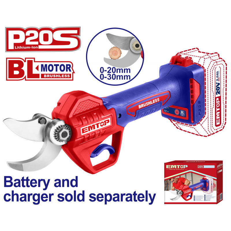 Foarfeca electrica pentru vie fara acumulator si incarcator, motor fara perii (brushless), 20 30mm - ELSL20305, EMTOP