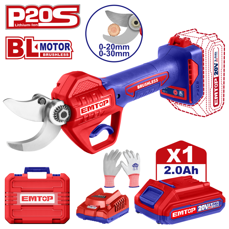 Foarfeca dreapta cu 1 acumulator 2.0AH, 20-30mm, cutie de transport - ELSL203051, EMTOP