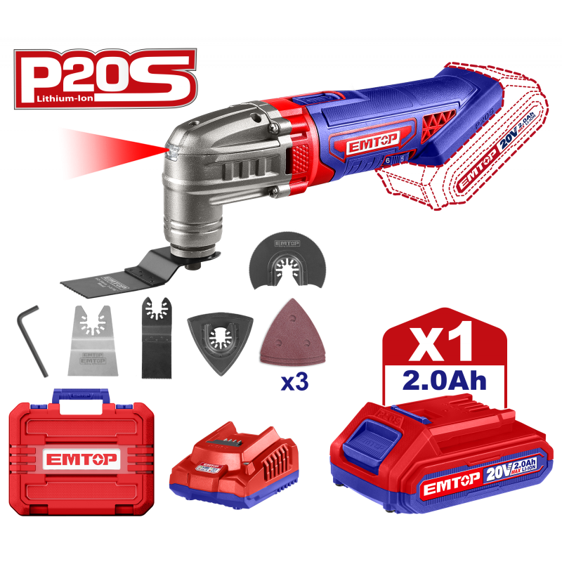 Instrument multifunctional cu 1 acumulator 2.0AH, 6 viteze, 8 accesorii, cutie transport - ELMF20221, EMTOP