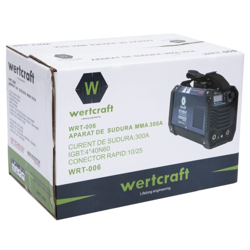 Invertor de sudura WertCraft WRT-006, 20-300 A amperaj, 230 V, 1.6-4 mm diametru electrod, MMA, IP21, funtie anti-lipire