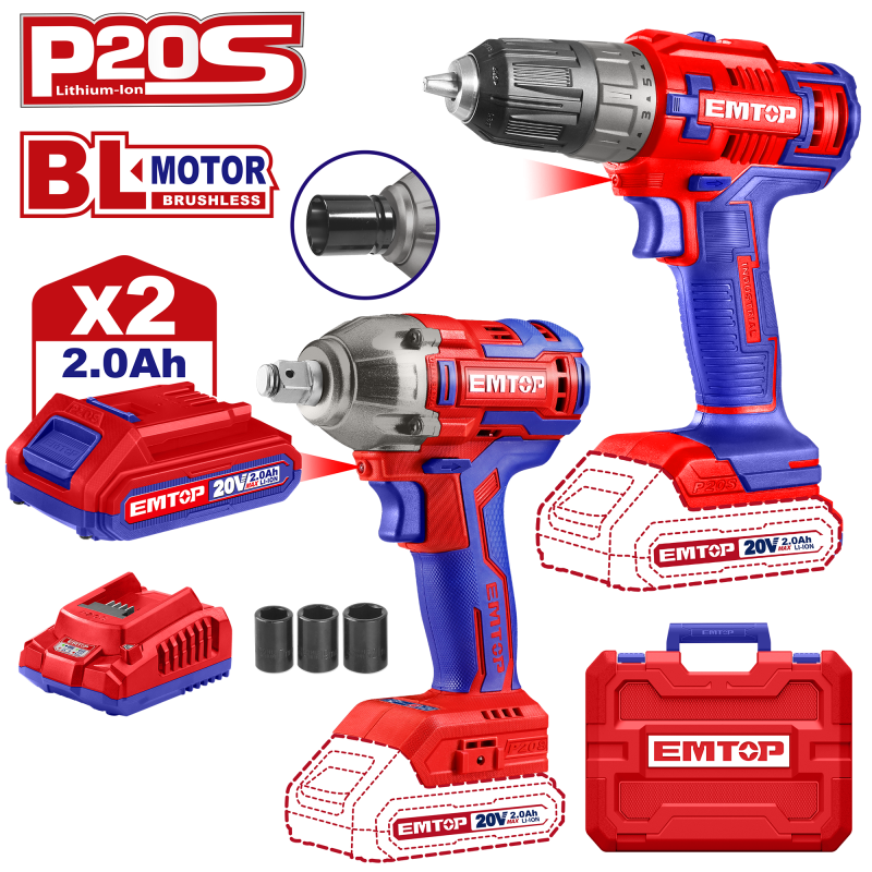 Set 2 buc. bormasina  de insurubat si impact cu 2 acumulatori 2.0AH, 3 accesorii, cutie de transport - ECKL20072, EMTOP
