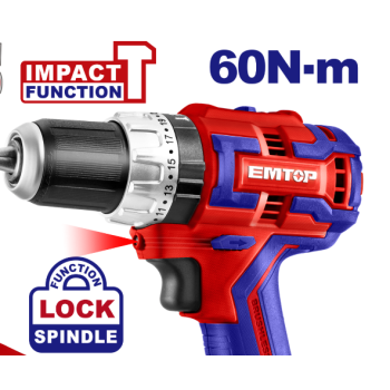 Masina de gaurit cu impact cu 2 acumulatori, 60Nm, motor fara perii, compacta - ECiDL20602, EMTOP