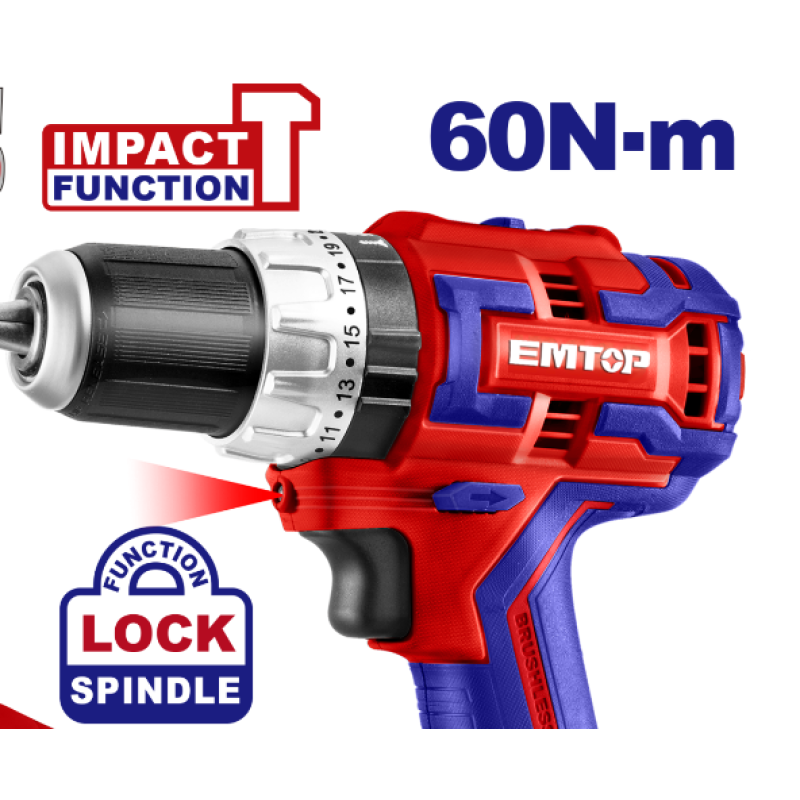 Masina de gaurit cu impact cu 2 acumulatori, 60Nm, motor fara perii, compacta - ECiDL20602, EMTOP