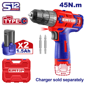 Masina de gaurit si insurubat  cu 2 baterii 1.5Ah, incarcare prin cablu tip C, 45Nm, cutie de transport, fara incarcator - ECDL12620E, EMTOP