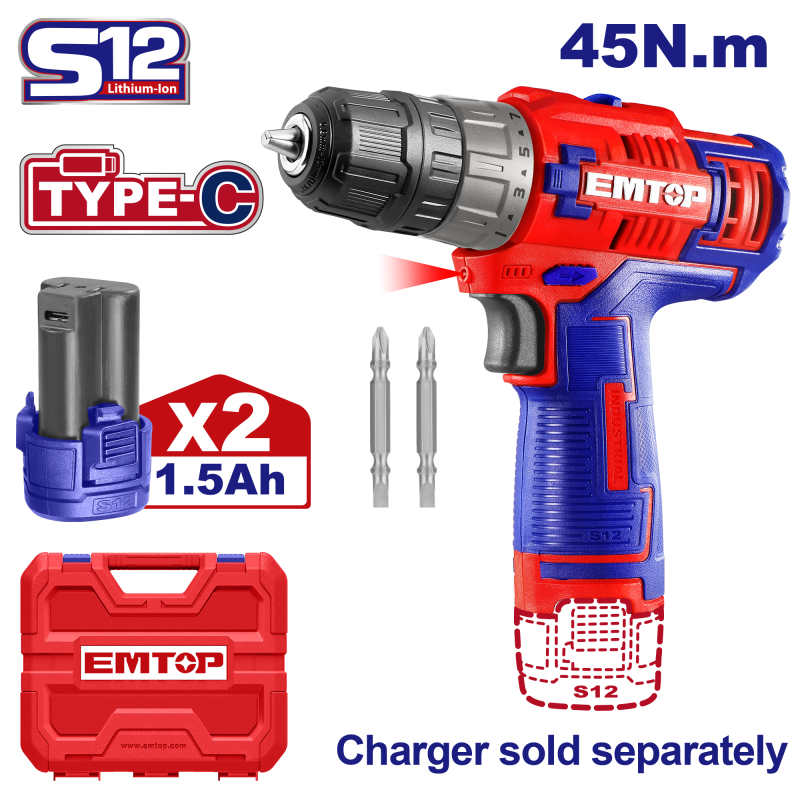 Masina de gaurit si insurubat  cu 2 baterii 1.5Ah, incarcare prin cablu tip C, 45Nm, cutie de transport, fara incarcator - ECDL12620E, EMTOP