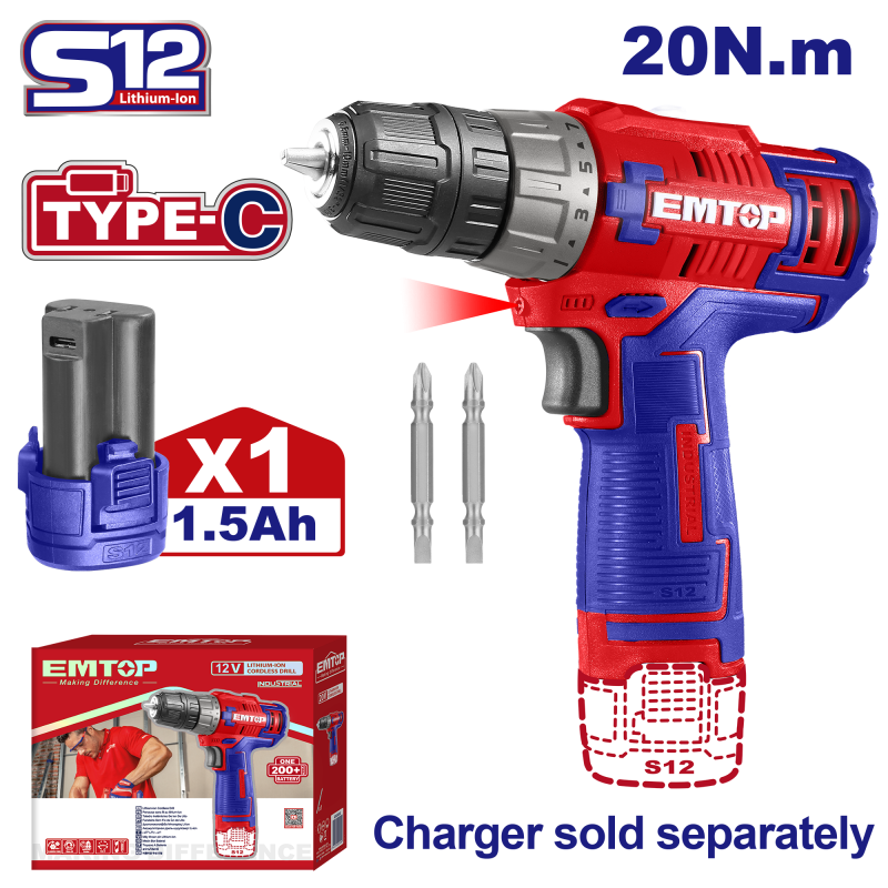 Masina de gaurit si insurubat cu impact, cu 1 baterie 1.5Ah, incarcare prin cablu tip C, 20Nm, fara incarcator - ECDL12510, EMTOP