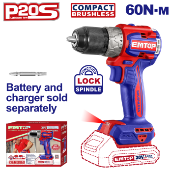 Masina de gaurit si insurubat fara incarcator si acumulator, motor fara perii (brushless), 60Nm, 1 2   - ECDL206021, EMTOP