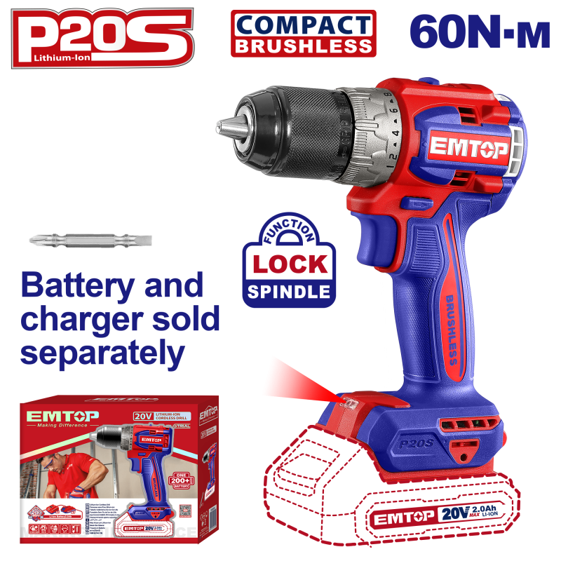 Masina de gaurit si insurubat fara incarcator si acumulator, motor fara perii (brushless), 60Nm, 1 2   - ECDL206021, EMTOP