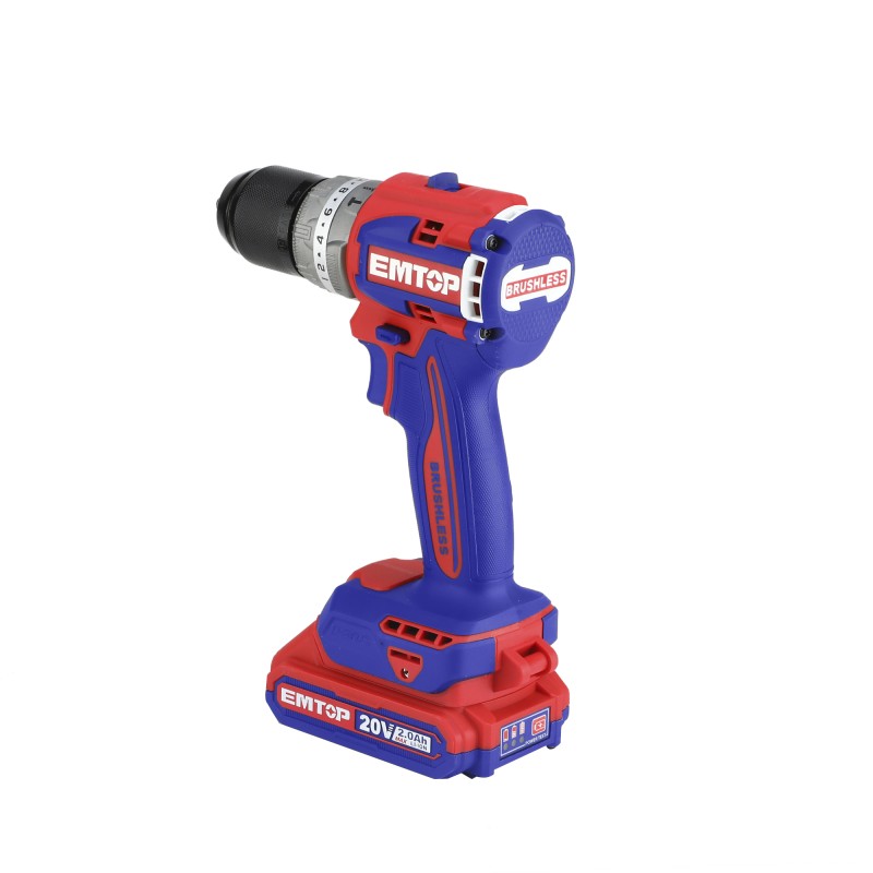 Masina de gaurit  si insurubat cu 2 acumulatori 2.0AH, motor fara perii (brushless), 60Nm, 1 2  , 47 accesorii, cutie transport - ECDL20602, EMTOP