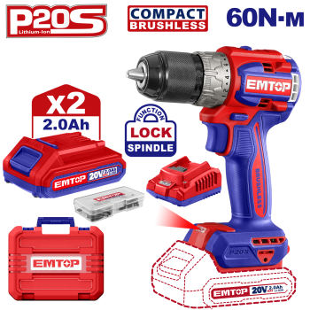 Masina de gaurit  si insurubat cu 2 acumulatori 2.0AH, motor fara perii (brushless), 60Nm, 1 2  , 47 accesorii, cutie transport - ECDL20602, EMTOP