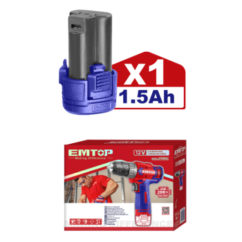 Masina de gaurit si insurubat cu impact, cu 1 baterie 1.5Ah, incarcare prin cablu tip C, 20Nm, fara incarcator - ECDL12510, EMTOP