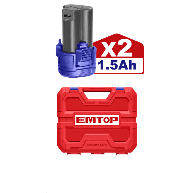 Masina de gaurit si insurubat cu impact, cu 2 baterii 1.5Ah, incarcare prin cablu tip C, 45Nm, 50 accesorii, cutie de transport, fara incarcator - ECiDL12620, EMTOP