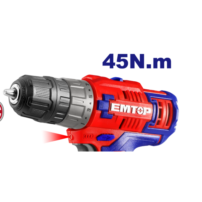 Masina de gaurit si insurubat  cu 2 baterii 1.5Ah, incarcare prin cablu tip C, 45Nm, cutie de transport, fara incarcator - ECDL12620E, EMTOP