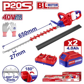 Trimmer gard viu cu 2 acumulatori 4.0AH si incarcator dublu, lama 650, manusi protectie - ELHT400282, EMTOP