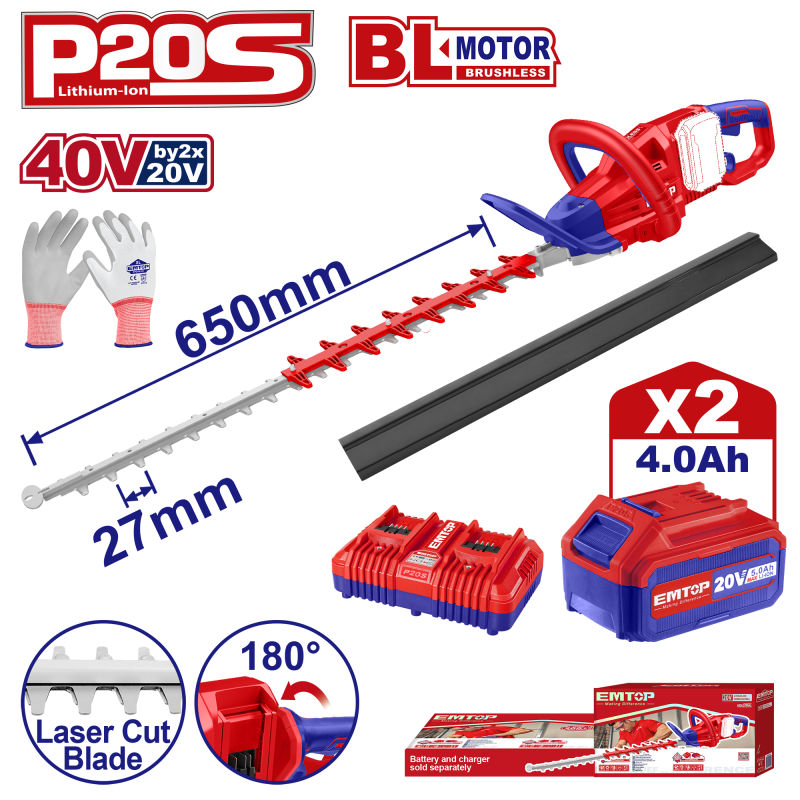 Trimmer gard viu cu 2 acumulatori 4.0AH si incarcator dublu, lama 650, manusi protectie - ELHT400282, EMTOP