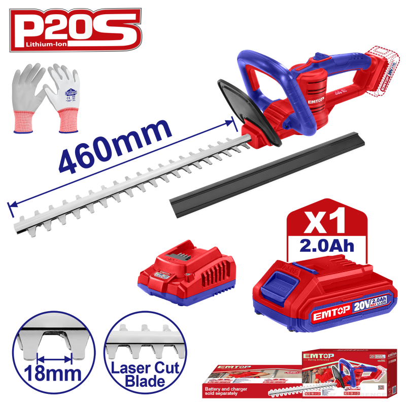 Trimmer gard viu cu 1 acumulator 2.0AH, lama 460mm, manusi protectie - ELHT204611, EMTOP