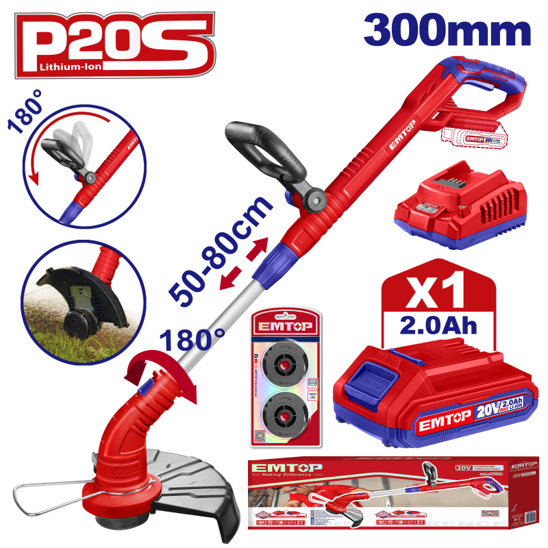 Motocoasa Trimmer cu 1 acumulator 2.0Ah, maner reglabil, 300mm - ELGT203011, EMTOP