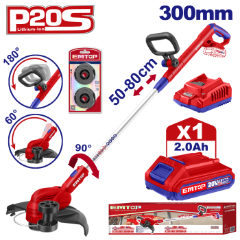 Motocoasa electrica Trimmer cu 1 acumulator 2.0AH, maner reglabil, 2.0AH, 300mm - ELGT203285, EMTOP