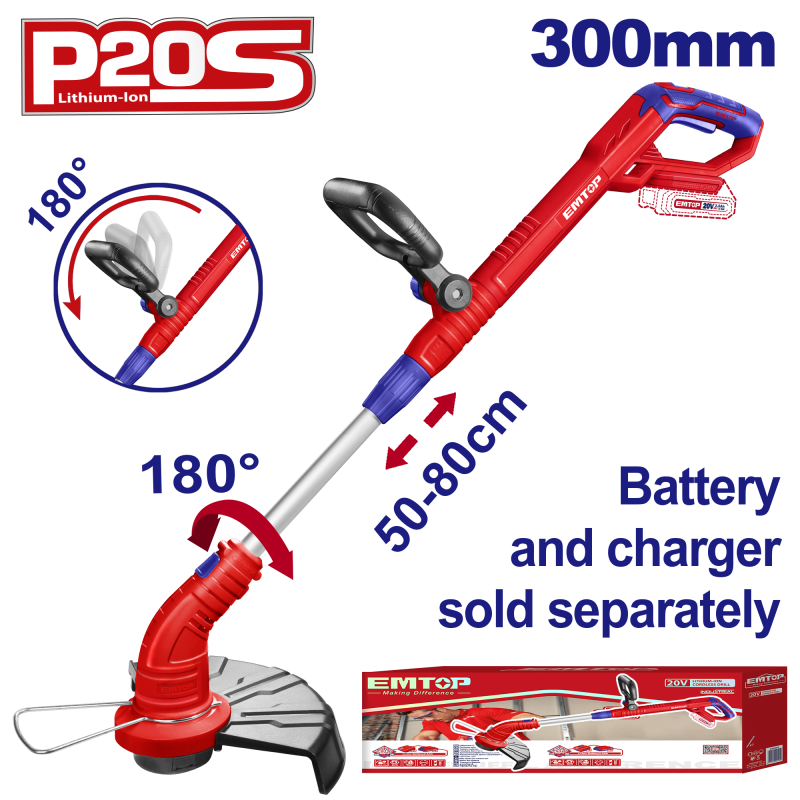 Motocoasa electrica Trimmer fara acumulator si incarcator, maner reglabil, 300mm - ELGT20018, EMTOP