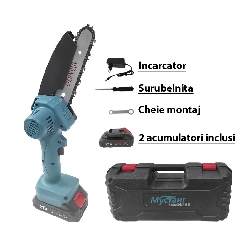 Mini fierastrau Mustang, 2 acumulatori, 21V, 1.5 Ah, lama 18.5 cm
