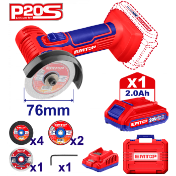 Mini polizor unghiular cu 1 acumulator 2.0Ah, 76mm, 7 discuri incluse - ELAG76017, EMTOP