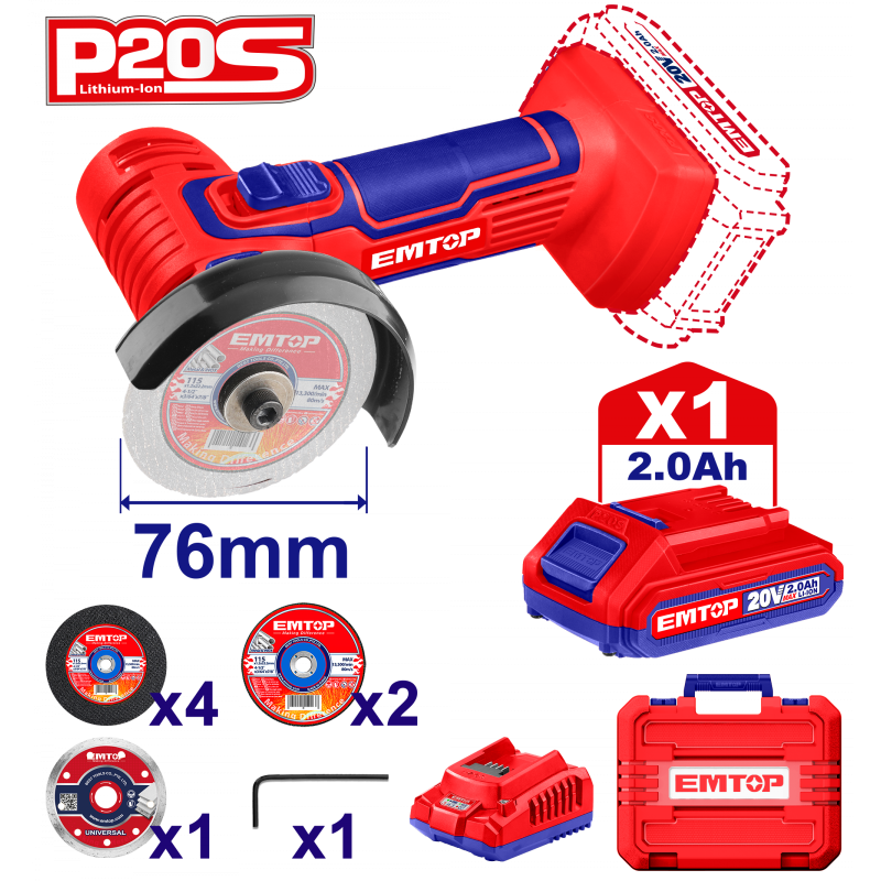 Mini polizor unghiular cu 1 acumulator 2.0Ah, 76mm, 7 discuri incluse - ELAG76017, EMTOP