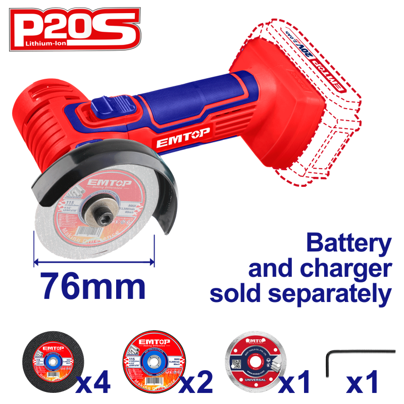 Mini polizor unghiular fara acumulator si incarcator, 76mm, 7 discuri incluse - ELAG7601, EMTOP