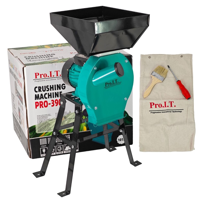 Moara electrica cu suport din metal pentru cereale si stiuleti (2 in 1), DDT-PRO.I.T. Cuva Mare, motor 3,9 kw , 3000 rpm, 320 kg h, 4 site de rezerva, 20 ciocanele,bonus sac,surubelnita si perie.