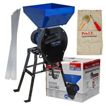 Moara electrica cu suport din metal pentru cereale si stiuleti, DDT-TOP,Cuva Mare, motor 4.2 kw , 3000 rpm, 320 kg h, 4 site de rezerva, 20 ciocanele,bonus sac,surubelnita si perie,Buton on off