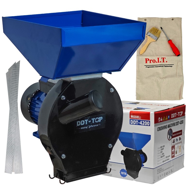 Moara electrica pentru cereale si stiuleti, DDT-TOP,Cuva Mare, motor 4.2 kw , 3000 rpm, 320 kg h, 4 site de rezerva, 20 ciocanele,bonus sac,surubelnita si perie,Buton on off