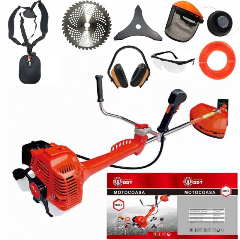 Motocoasa DDT DDT-0043 , 6,5 CP, 51,7 CC, 2 timpi, 6000 RPM, 150 cm lungime arbore,8 accesorii incluse