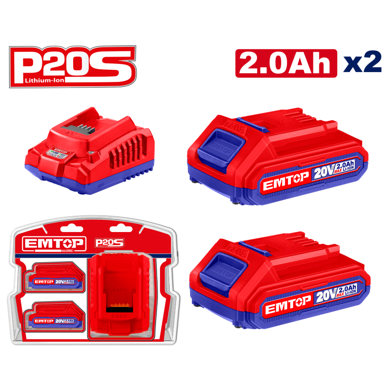 2 x Acumulatori 2.0Ah litiu-ion si incarcator, P20S - ELBCPK1222, EMTOP