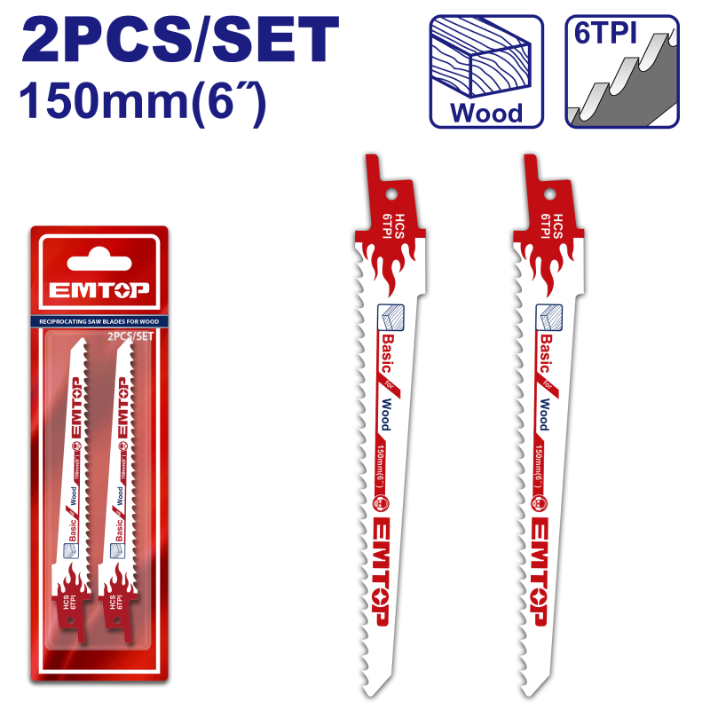 Panze de fierastrau tip sabie pentru lemn, 150mm, 2 buc - ERSB611D, EMTOP
