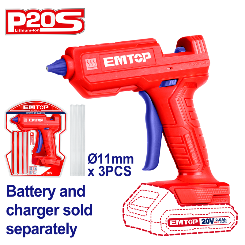 Pistol de lipit fara incarcator si acumulator, 11mm, 3buc clei 150mm - ELGG2002, EMTOP