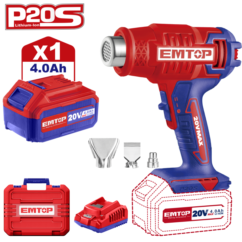 Suflanta aer cald (feon) cu 1 acumulator 4.0AH, cutie transport - EHGN200215, EMTOP