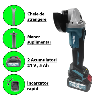 Polizor unghiular cu 2 acumulatori , Mustang , 48 V , 5 Ah , Diametru disc 125 mm , 9000 Rpm