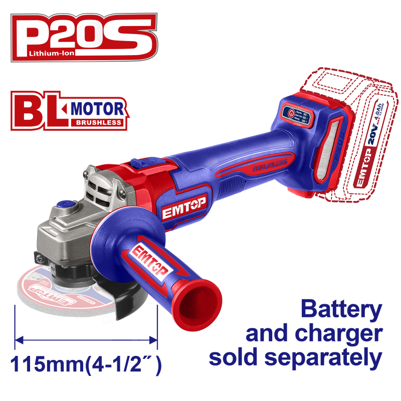 Polizor unghiular fara acumulator si incarcator, motor fara perii (brushless), 115mm - ELAG21154, EMTOP