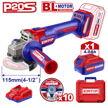 Polizor unghiular cu 1 acumulator 4.0Ah, motor fara perii (brushless), 115mm, 10 discuri incluse - ELAG211541, EMTOP